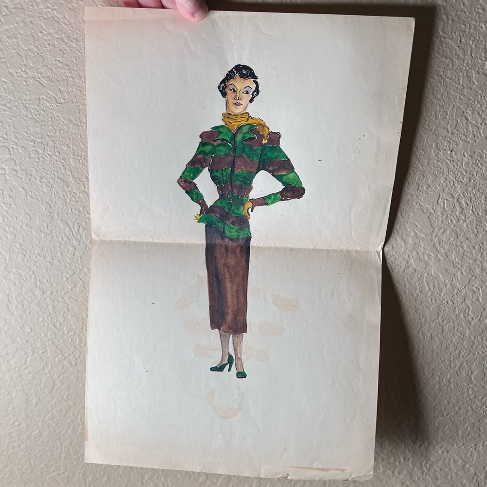 Vintage 1940s Fashion Sketch Watercolor on Folded Paper, Mid-Century Lady